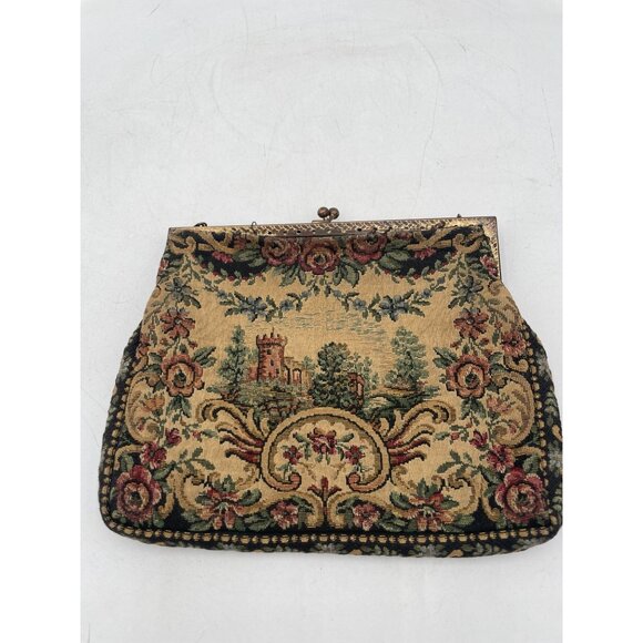 Vintage French Tapestry Clutch Purse With Castle Scene & Floral Design - Picture 3 of 6